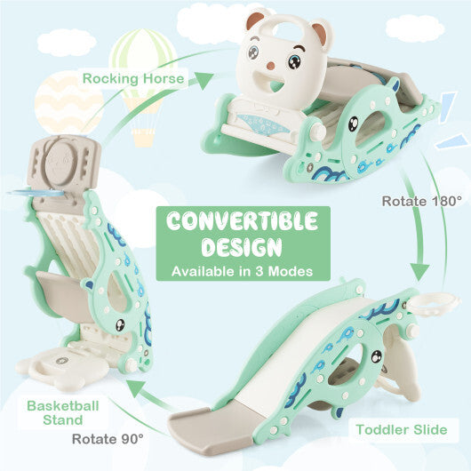 4-in-1 Kids Slide Rocking Horse with Basketball and Ring Toss-Green - Color: Green - Minihomy