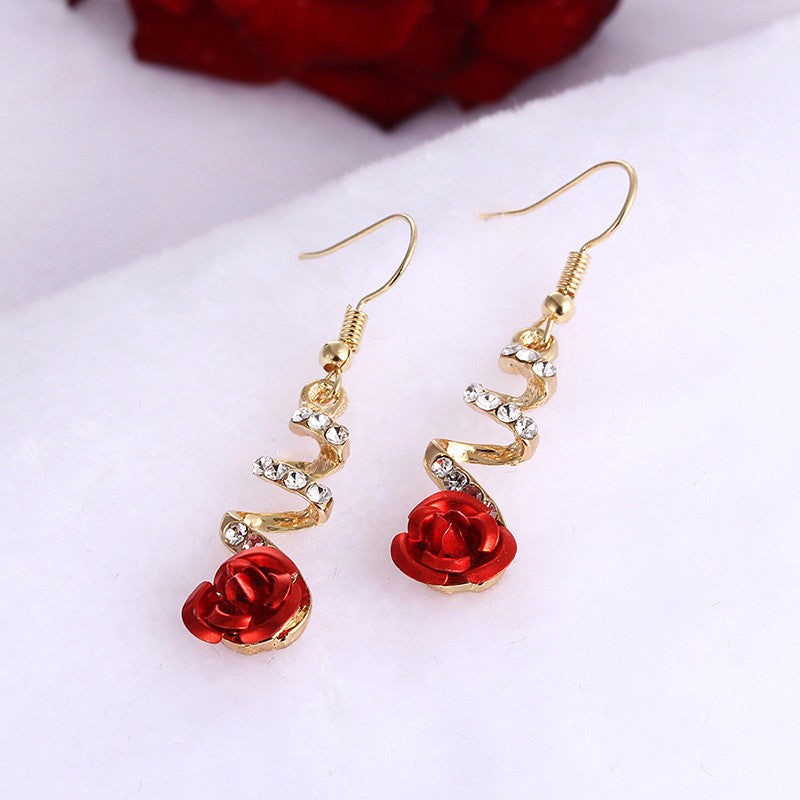 Fashion Jewelry Ethnic Red Rose Drop Earrings Big Rhinestone Earrings Vintage For Women Rose Gold Spiral Dangle Earring