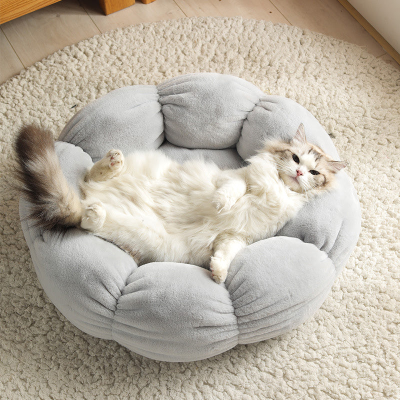 Autumn Winter Plus Velvet Thick Round Flower Cat Litter Kennel - Minihomy