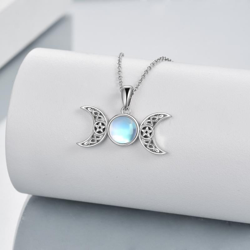 Moonstone Triple Moon Goddess Amulet Pentagram Pendant Necklace Sterling Silver Wiccan Jewelry - Minihomy