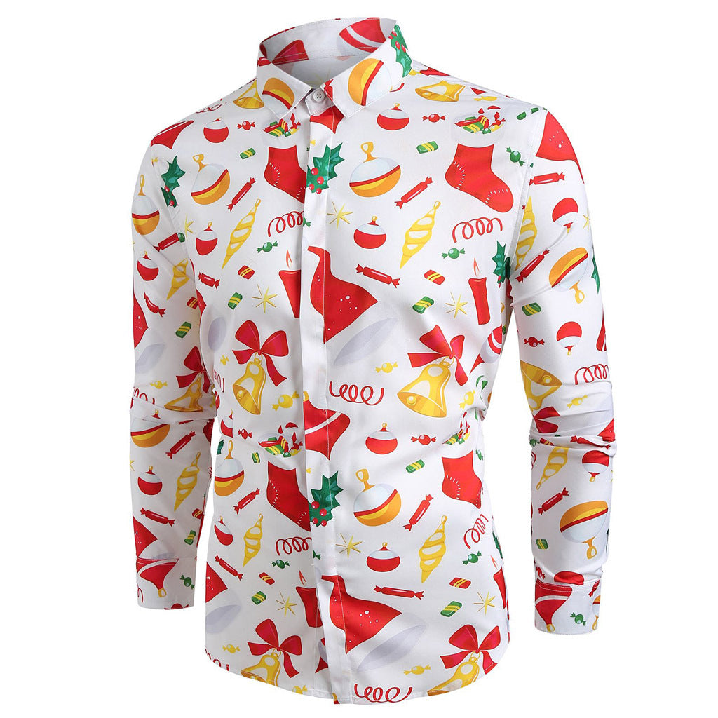 Men's Long-sleeved Christmas Flower Shirt Casual Print Plus Size - Minihomy