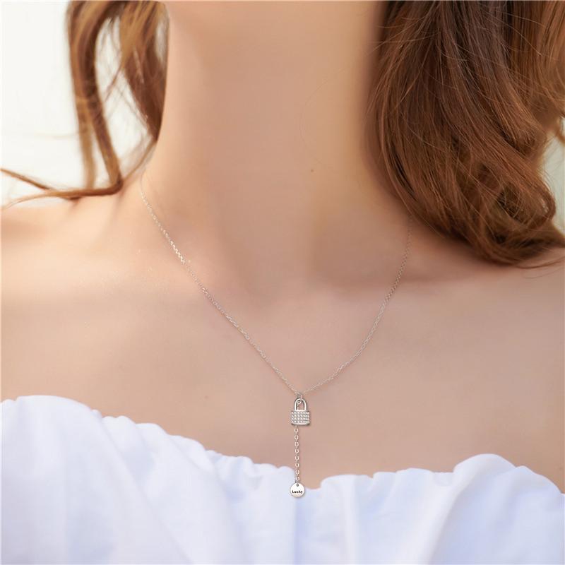 Sterling Silver Lock Pendant Lucky Hang Tag Necklace For Women