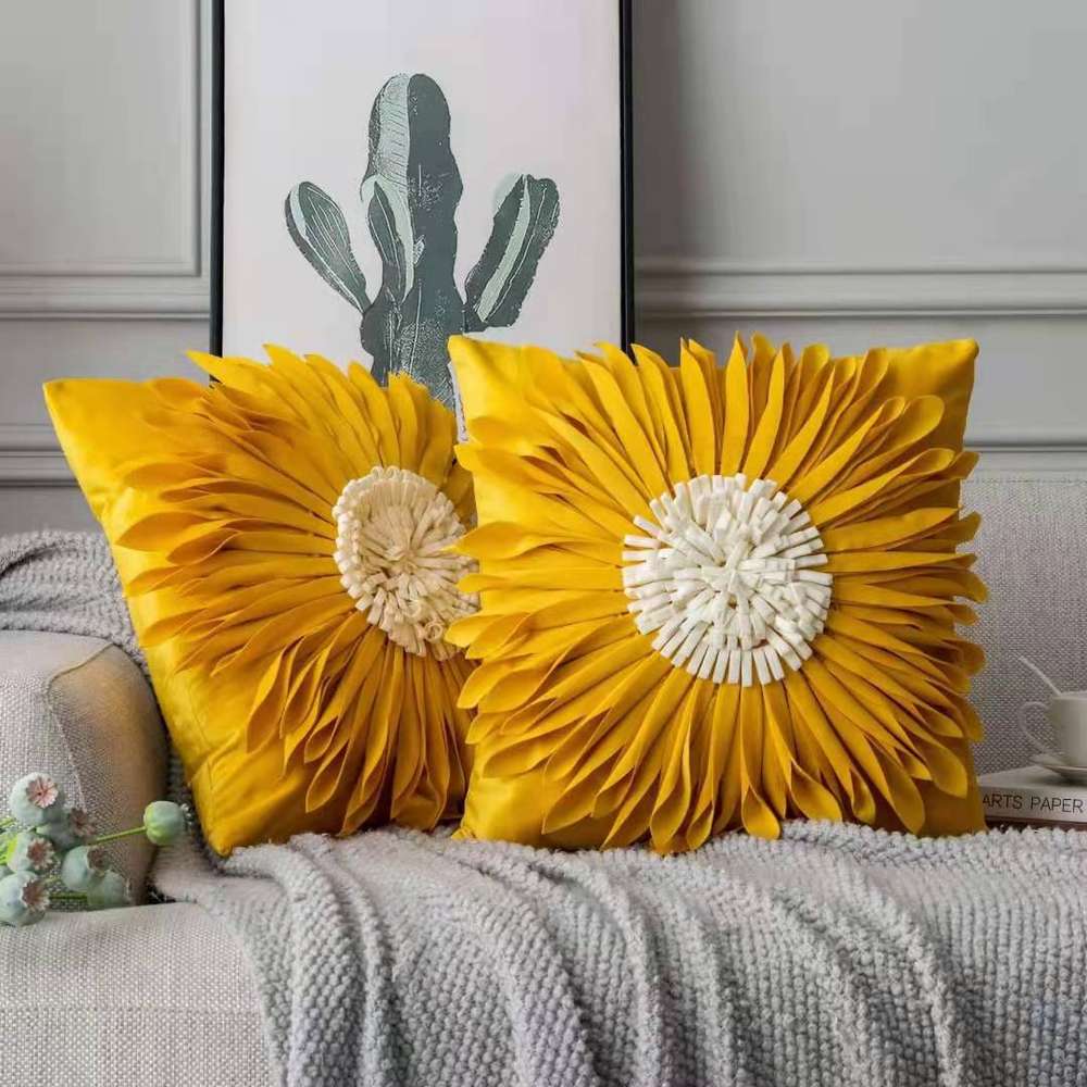 Modern Style White Throw Pillows Velvet Stitching 3D Chrysanthemum Cushion Waist Pillow Blue Cushion Case - Minihomy