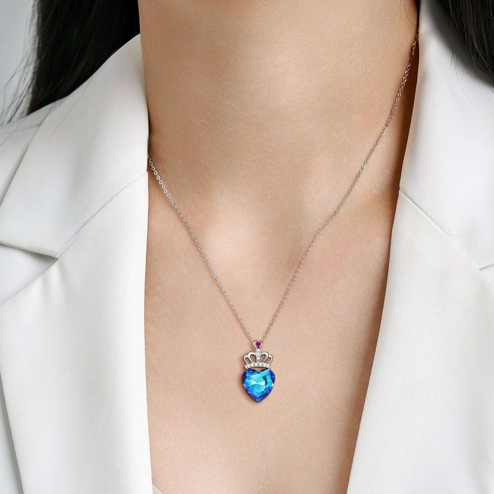 Blue Light Peach Heart Crown Necklace S925 Sterling Silver - Minihomy