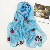 Embroidered Flower Rose Chiffon Ethnic Wind Sunscreen Shawl Beach Gauze Silk Scarf