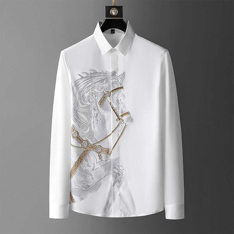 Men's Long Sleeve Printed Hot Rhinestone Slim Fit Non-iron Shirt - Minihomy