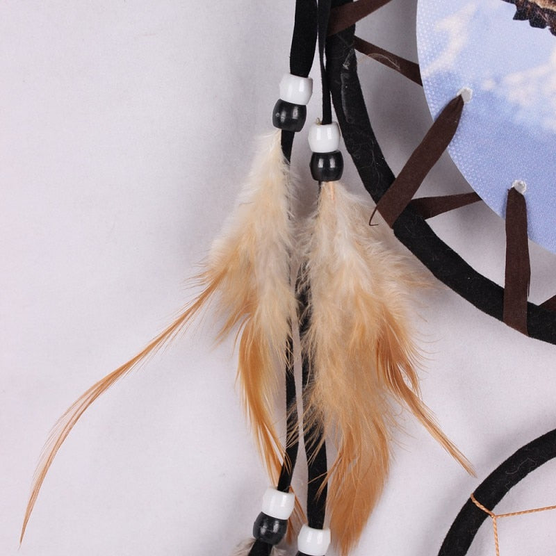 Handmade Feather Dream Catcher Brown Wolf Pattern Wind Chimes For Wall Hanging Ornments Car Home Decoration