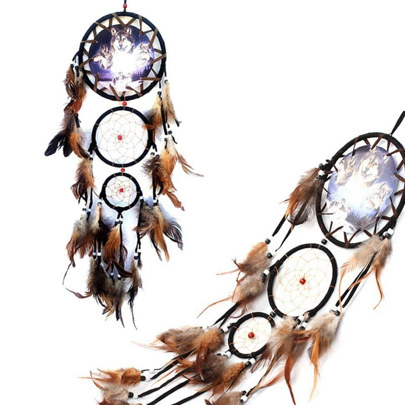 Handmade Feather Dream Catcher Brown Wolf Pattern Wind Chimes For Wall Hanging Ornments Car Home Decoration - Minihomy