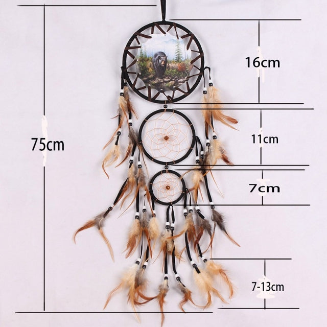 Handmade Feather Dream Catcher Brown Wolf Pattern Wind Chimes For Wall Hanging Ornments Car Home Decoration